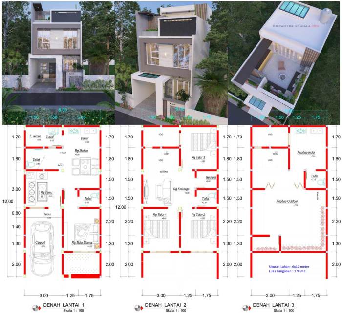 Desain rumah luas tanah lebar 6m